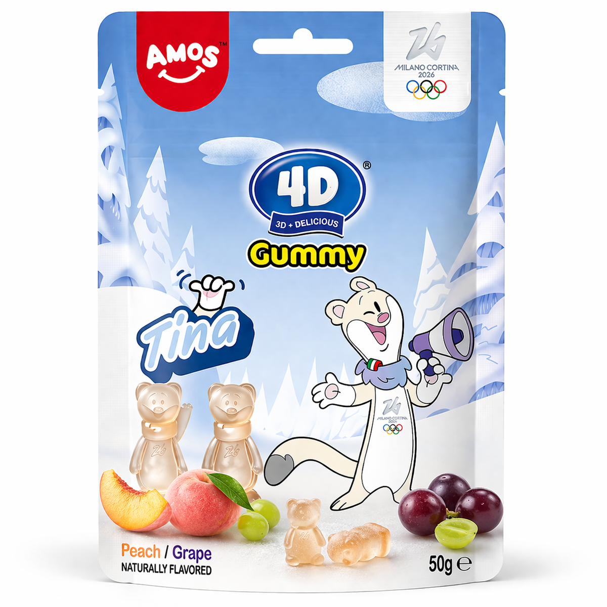 Amos® 4D Gummy | Tina Peach/Grape 50 g Grosshandel